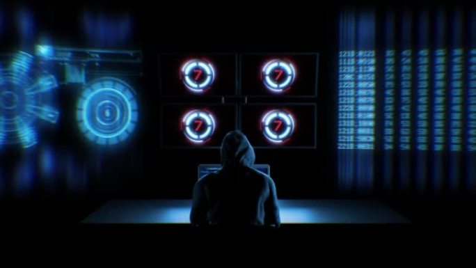 无法识别的黑客穿着连帽衫在笔记本电脑和全息图虚拟显示器周围工作。摘要匿名者黑客入侵安全系统。网络犯罪