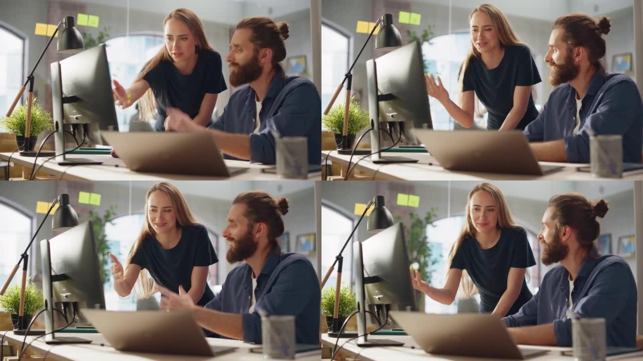 两名年轻企业家交谈的肖像，用电脑讨论一个公司项目。时尚的经理在一家创意机构从事财务和营销项目。
