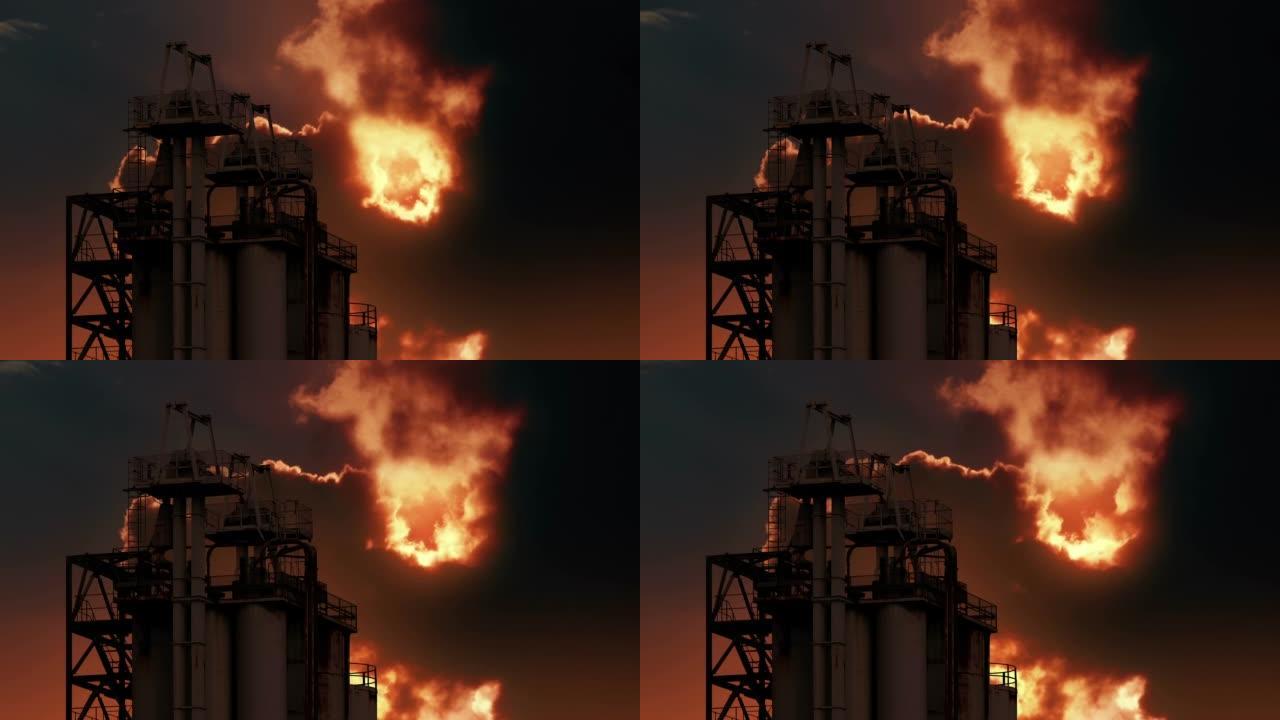 工业塔后面火热的日落云
