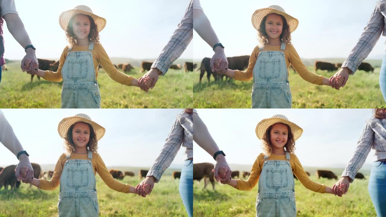 农民、家庭和女孩与父母在养牛场，手牵手，学习牲畜、家族企业和可持续生活。爱，农业和幸福的家庭与牛在大