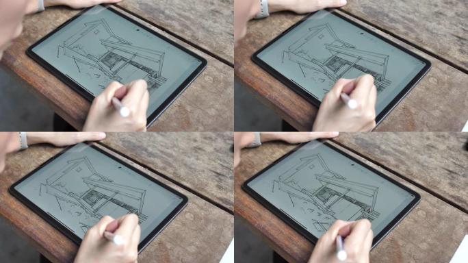 建筑师在数字平板电脑上绘制草图