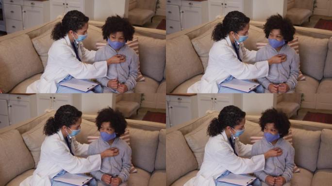 混血女医生戴口罩在家检查混血女孩