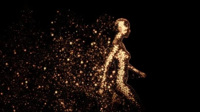 女性人体的金色多边形全息图，在黑色背景上行走。轮廓中留下了金色颗粒的痕迹