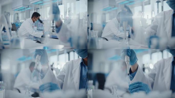 医学研究实验室: 重点从在微型显微镜下看的男性科学家转移到使用微量移液器工作的女性科学家。先进的科学