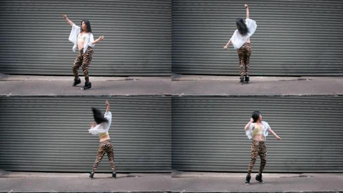 4k视频片段，一名年轻女子在城市背景下跳舞
