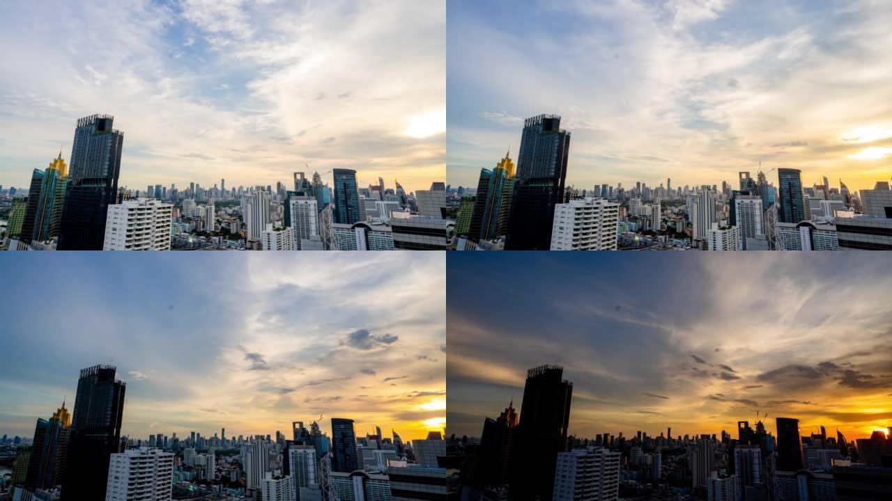 时光流逝，曼谷商业区中心的城市景观，早，日，夜。