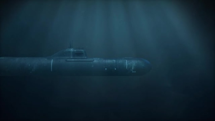 在深海中航行的潜艇的侧视图
