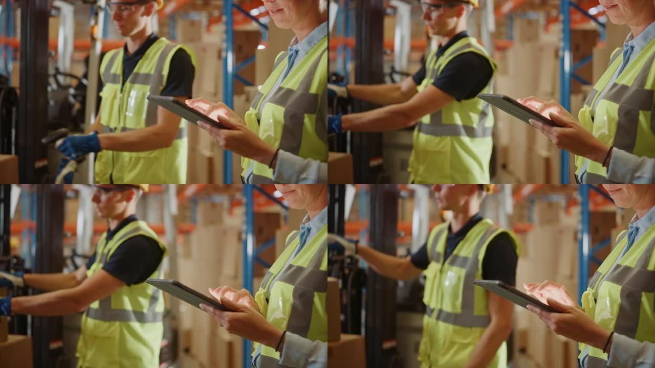 In Warehouse Manager使用数字平板电脑并扫描纸板箱以获取库存，与叉车司机讨论包裹交