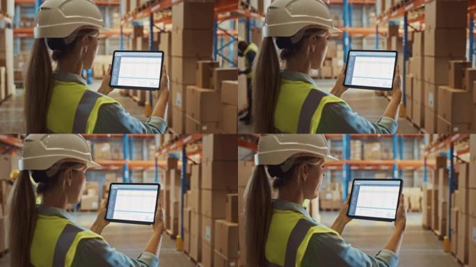 戴着安全帽的专业女工在摆满货架的零售仓库里，使用屏幕显示库存检查软件的数字平板电脑。过肩视图