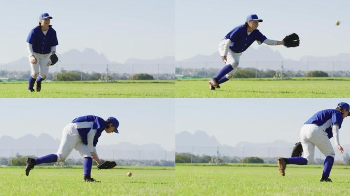 高加索女棒球选手，外野手在棒球场接球和丢球