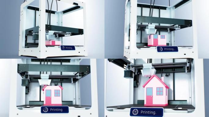 3d打印机建房过程玩具屋印刷插图。现代自动制作技术精美的3d动画延时。工业商业概念