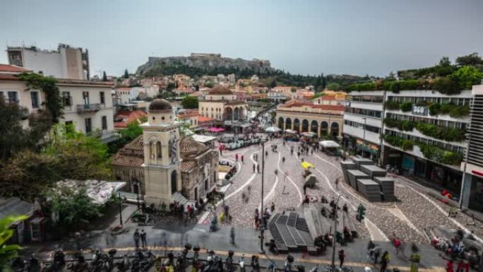 希腊雅典的Monastiraki广场和雅典卫城-时间流逝