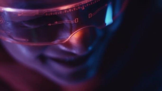 亚洲女性使用带霓虹灯的VR眼镜，紫外线赛博朋克眼镜，特写