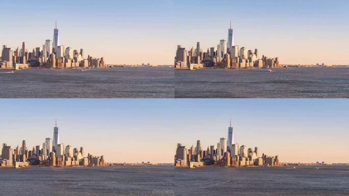 延时: 鸟瞰图曼哈顿下城与哈德逊河，纽约市日落