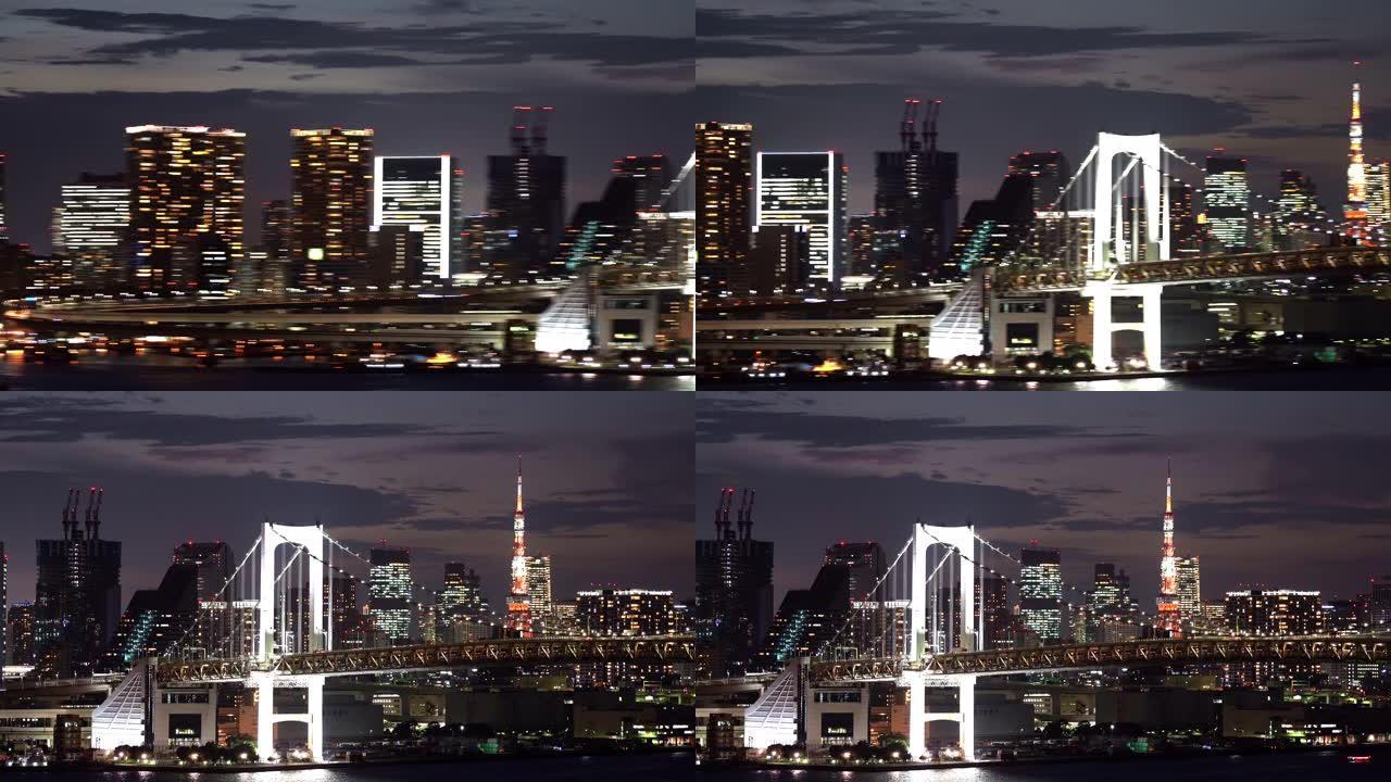 在日落时与日本东京塔一起拍摄空中东京彩虹桥