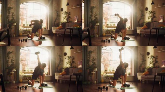 强壮的运动健身年轻人训练和加强手臂肌肉在晨练期间在阳光明媚的公寓。健康生活方式和健身理念。