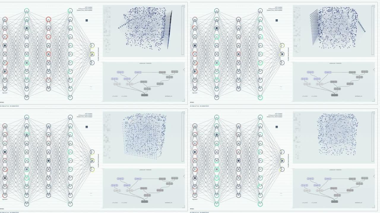 在计算机上工作的白色背景上的神经网络监控软件的可视化。各种集群的连接加载，交换数据。计算机显示器的模