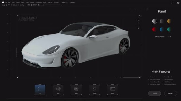 具有现代跑车3D设计的专业cad计算机软件的暗界面模型。电动超级汽车的动画3D设计。程序将图形图层添