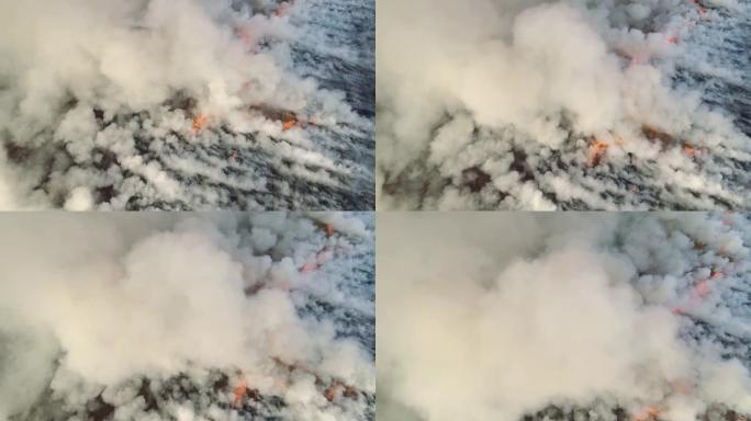 飞越野火和浓烟。极端高温和气候变化导致的自然灾害。鸟瞰大烟云和火场。草火航拍。大烟云和火。气候变化概