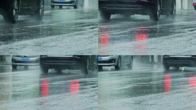 汽车在雨天慢动作中行驶