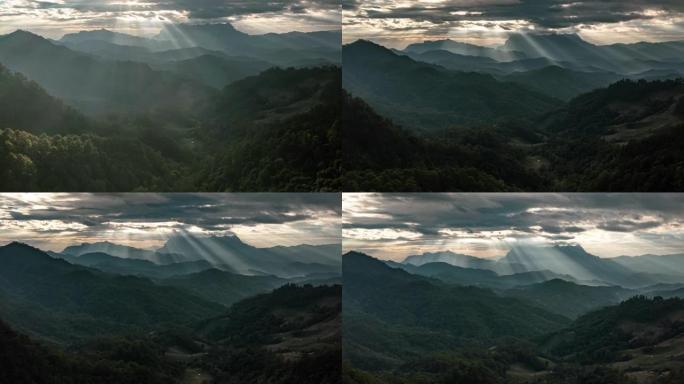 日出在山脉景观上的空中超流