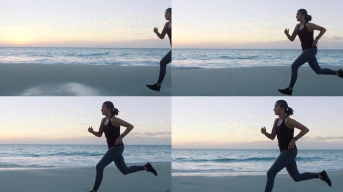 跑步，跑步者和女人在海滩上健身，速度和能量，在海边户外锻炼。运动员，跑步和新鲜的海洋空气，有氧运动，