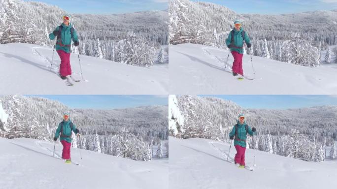 特写: 在朱利安阿尔卑斯山 (Julian Alps) 的女游客滑雪旅行在雪山上远足。
