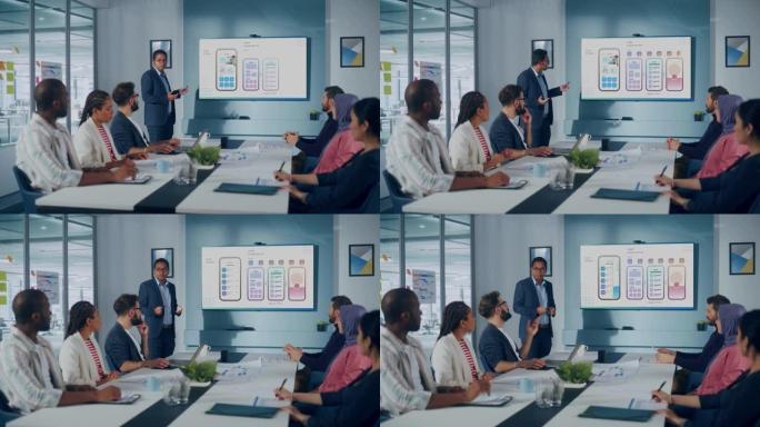办公室会议室会议: 印度总工程师做电子商务社交媒体软件应用程序演示给多民族数字企业家。用户界面工作动
