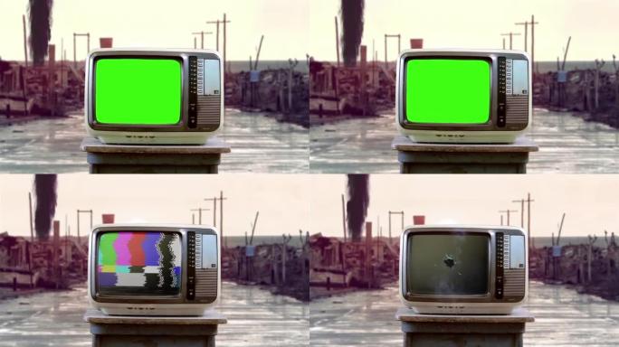 在一个废墟城市的街道上，带有爆炸的绿色屏幕的旧电视机。4k分辨率。