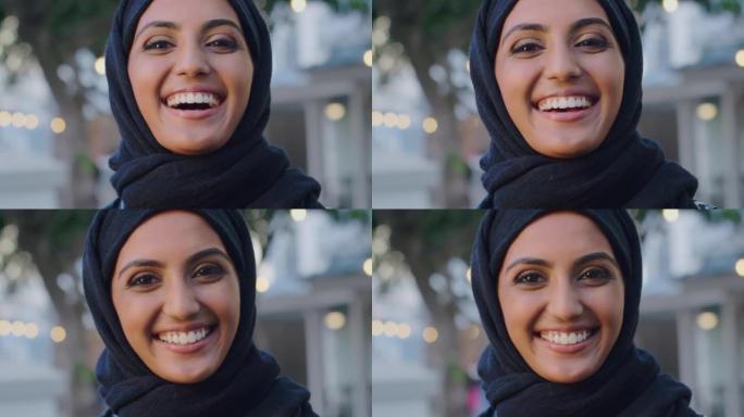 脸，画像和穆斯林妇女在城市工作，开心和微笑，在城镇摆摊。宗教、事业和女性大笑，兴奋的小生意伊斯兰销售