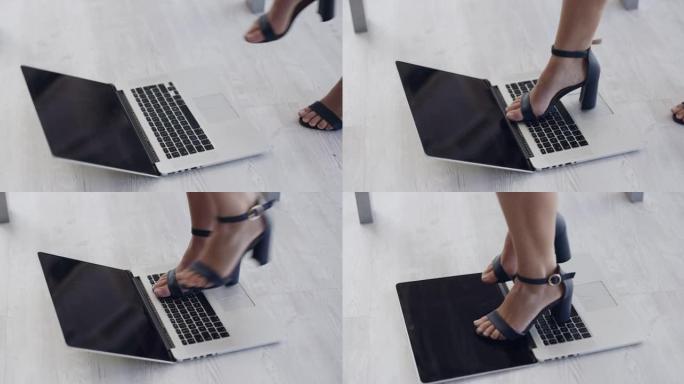 一名妇女在办公室砸笔记本电脑的4k录像