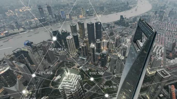 上海城市网络的T/L ZO鸟瞰图，白天到黄昏过渡