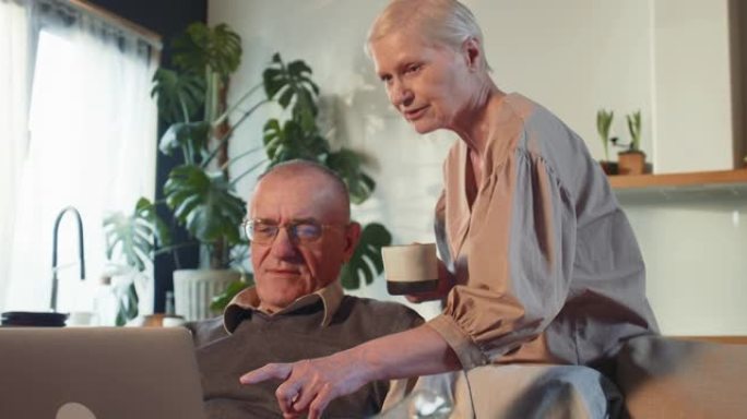 在线支付账单。快乐退休的高级男人和女人在沙发上用笔记本电脑在网上买东西。