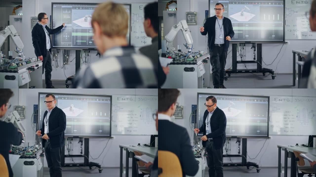 讲师指着大屏幕，解释机器人手的动作操纵。不同的年轻研究小组倾听他们的老师。人工智能概念