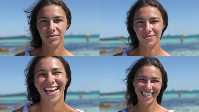 一位年轻女子的肖像看着相机，微笑着，背景是美丽的海滩和清澈的水。女旅行者站在阳光下摆姿势，享受暑假