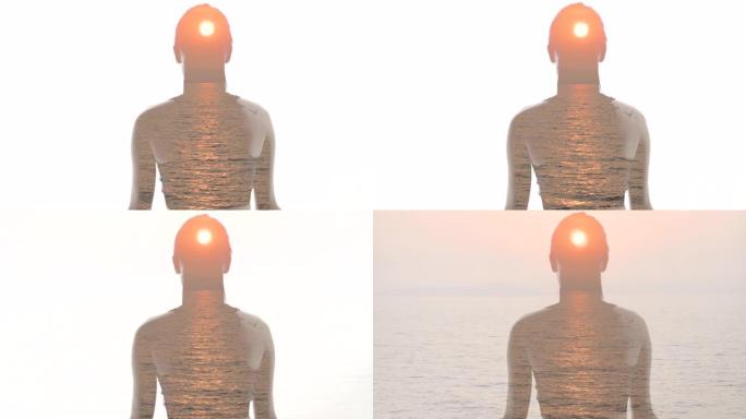 WS剪影在日落时在大海的背景下冥想