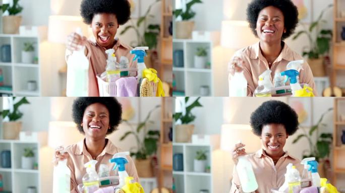 女人在家里笑，玩得开心，打扫卫生。女性清洁工在做家务时喷洒消毒剂的肖像，以保持事物整洁。为卫生的房子