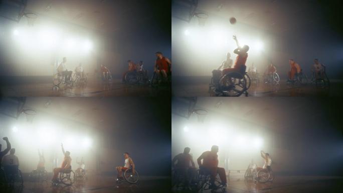 轮椅篮球比赛: 职业球员比赛，运球，传球，射门成功，打进完美进球。残疾人的决心和技能。快速能量