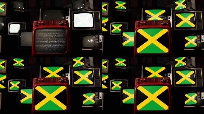 牙买加国旗和老式电视。4k分辨率。