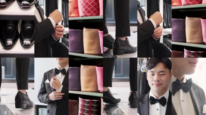 拼贴画年轻的亚洲男子准备参加婚礼，微笑着看着镜子