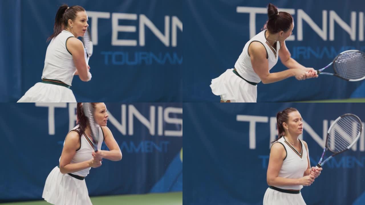 女子网球运动员在锦标赛中用球拍击球。职业女子运动员在场上成功遭到打击。世界体育比赛。慢动作中景回放