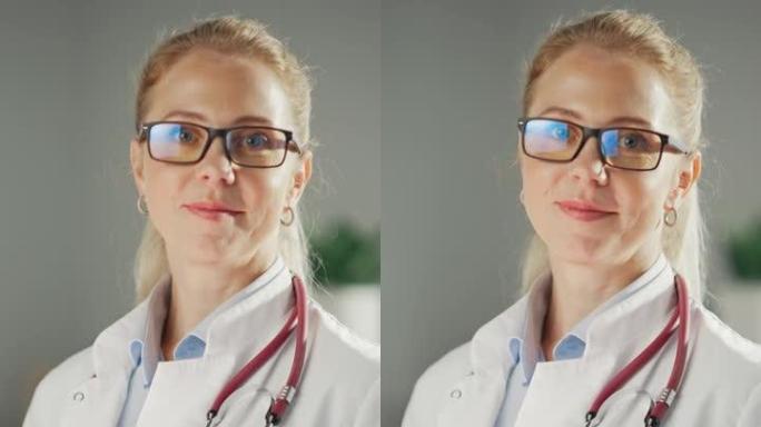 一位经验丰富的女医生穿着白大褂在办公室的平板电脑上工作的垂直格式视频。医疗保健专业人员或护士长看着镜