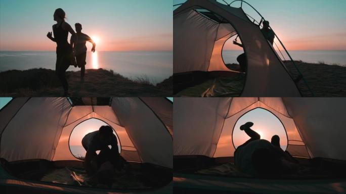 男人和女人在海边的露营地玩得开心。慢动作