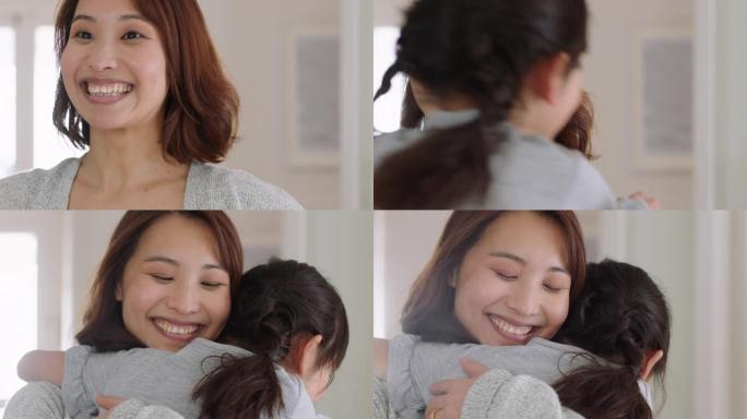 快乐的亚洲小女孩拥抱母亲微笑拥抱女儿享受母爱可爱的孩子给妈妈拥抱家庭概念4k镜头