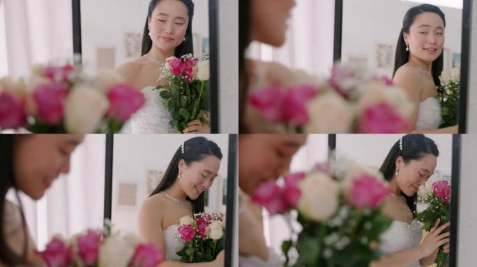 婚礼，花束和亚洲新娘在镜子里与鲜花或玫瑰美容，化妆品或化妆。年轻的日本女人检查美丽的倒影，带着幸福的