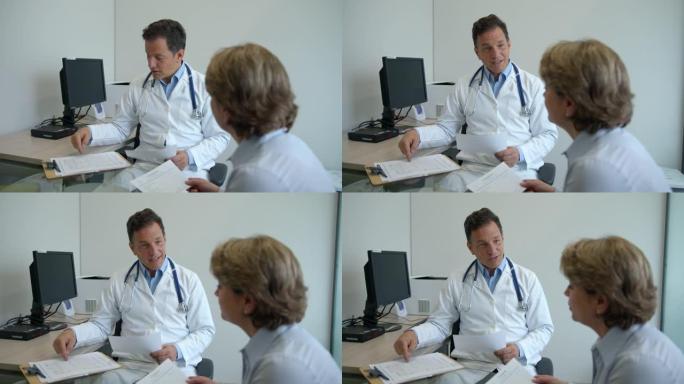 友好的医生检查一名高级女性患者的实验室结果，同时在咨询过程中解释这些结果