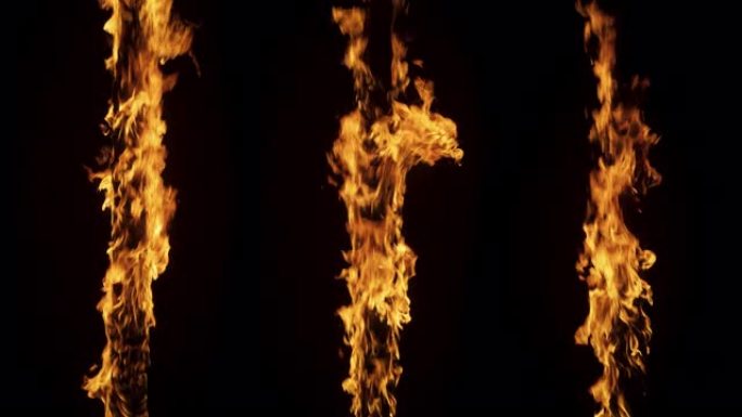黑色背景上的慢动作镜头: 三个垂直的木树枝在火焰中燃烧。美丽的火慢慢蔓延。特殊效果、视觉特效、后期制