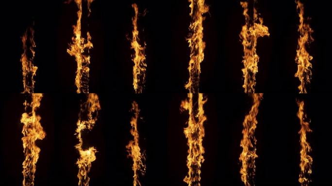 黑色背景上的慢动作镜头: 三个垂直的木树枝在火焰中燃烧。美丽的火慢慢蔓延。特殊效果、视觉特效、后期制