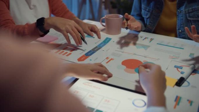 特写亚洲商人会议计划分析统计集思广益和团队标题持有平板电脑点图表，员工在家庭办公室晚上注意。