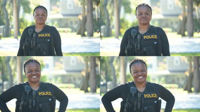 步行巡逻的非裔美国女警